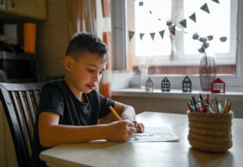 A 10-year-old boy draws a drawing with colored pencils