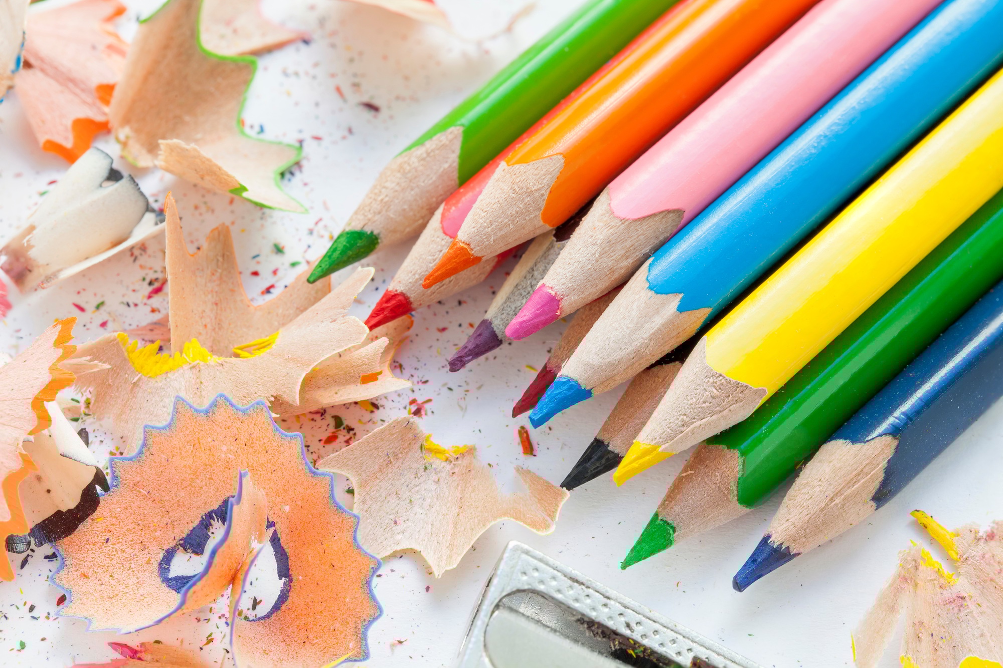 Colorful drawing pencils and shavings. Back to school concept.