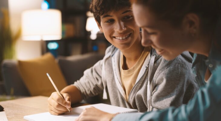 Students doing homework together at home