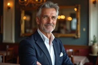 Portrait d'un animateur télé élégant dans un café parisien, illustrant un article sur la vie privée de Frédéric Lopez