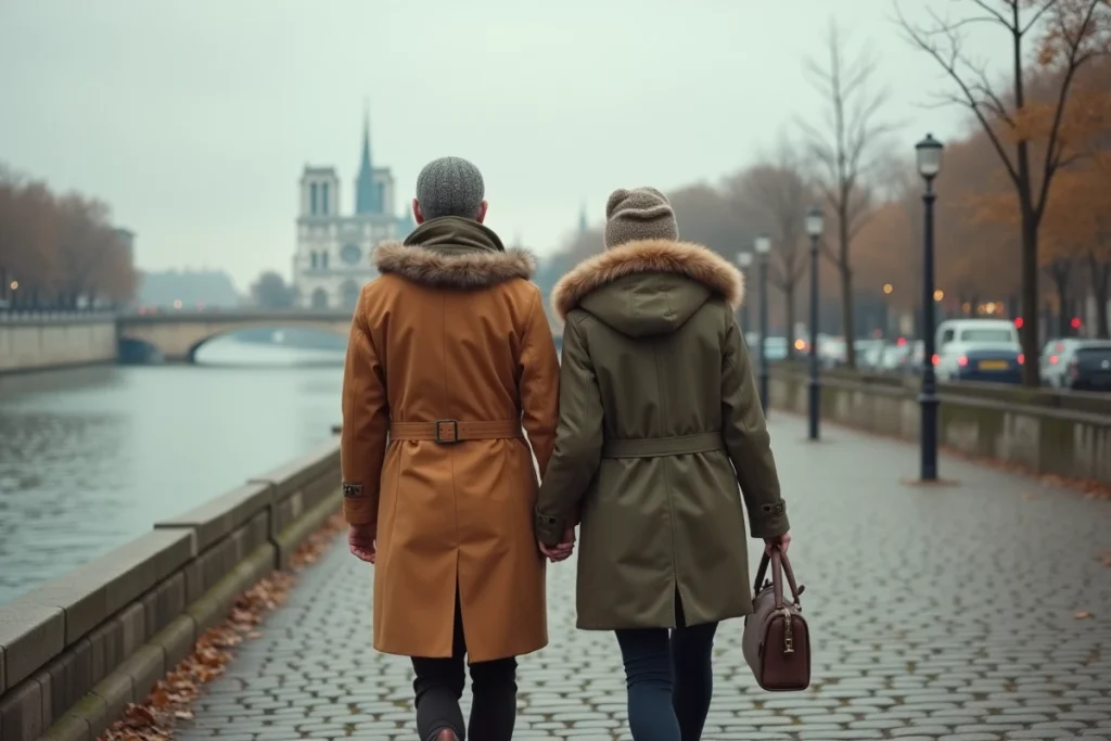 Couple se promenant sur les quais de Seine à Paris en automne, évoquant une rencontre romantique et la vie de couple d'une personnalité médiatique