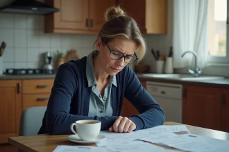 Femme consultant des documents administratifs liés au RSA à la table de sa cuisine
