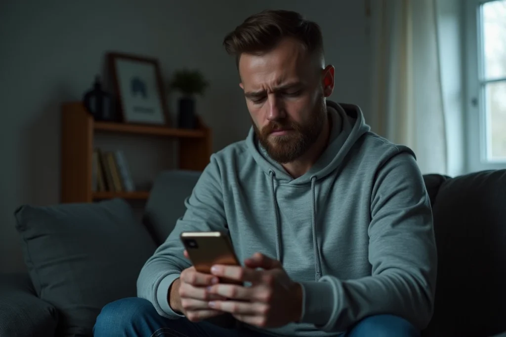 Homme attendant une réponse de la CAF sur son téléphone concernant le versement RSA