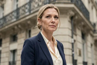 Femme élégante en blazer marine devant un immeuble haussmannien parisien, portrait éditorial sophistiqué évoquant la discrétion bourgeoise