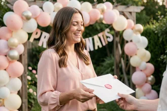 Femme tenant une enveloppe scellée lors d'une gender reveal pour annoncer la marraine