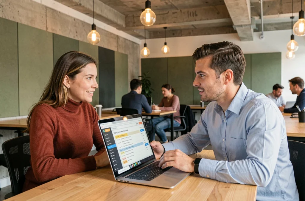 Deux collègues discutant des nouveautés et changements d'une plateforme numérique dans un espace de coworking en 2026