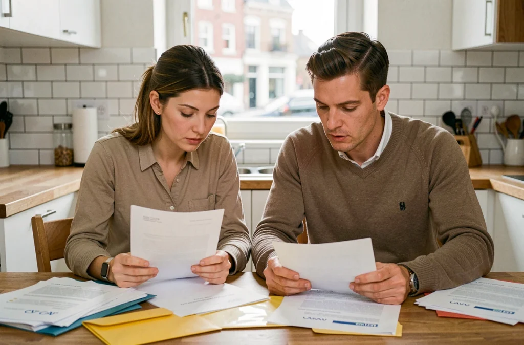 Couple passant en revue les documents administratifs CAF à la table de cuisine avant leur expatriation à l'étranger