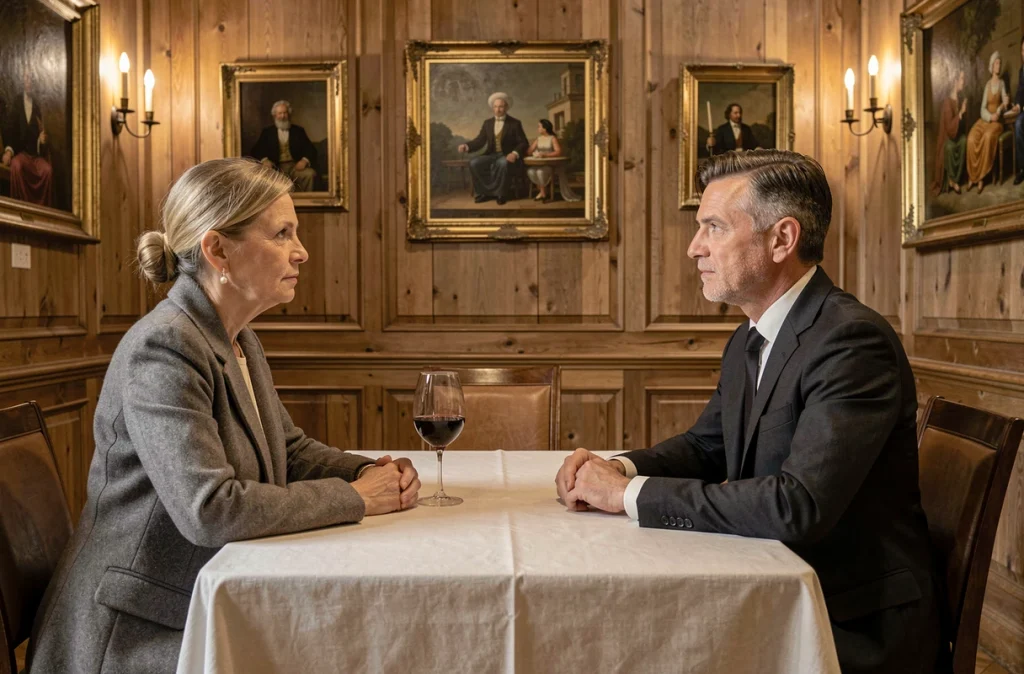 Couple élégant dans une salle à manger privée parisienne, ambiance feutrée évoquant une relation discrète et bourgeoise dans les années 1980-90