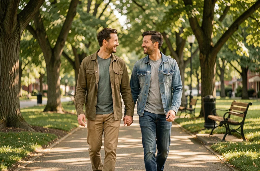 Couple se promenant main dans la main dans un parc verdoyant, souriant et détendu, illustrant des projets de vie communs comme le mariage et la stabilité