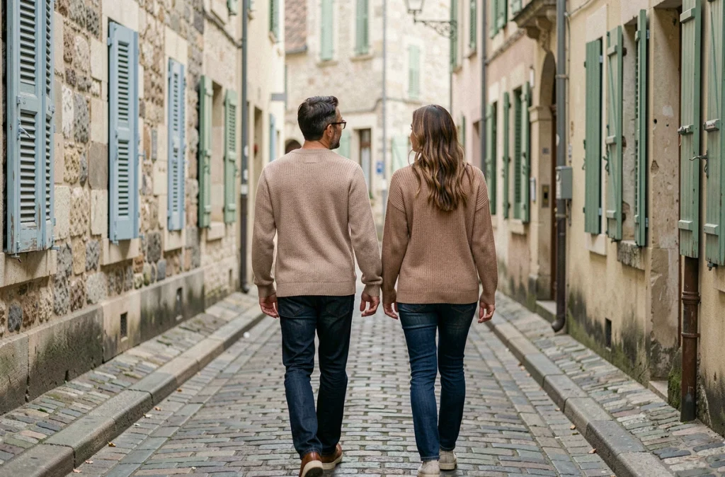 Couple se promenant dans une rue pavée d'une vieille ville française, évoquant la complicité et la vie intime loin des médias