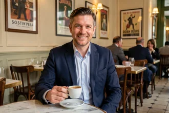Homme élégant souriant dans un café parisien, illustrant la vie privée et la personnalité attachante de Cyril Féraud