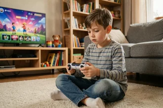 Enfant de 8 ans jouant sur PS5 avec une manette DualSense dans un salon familial cosy