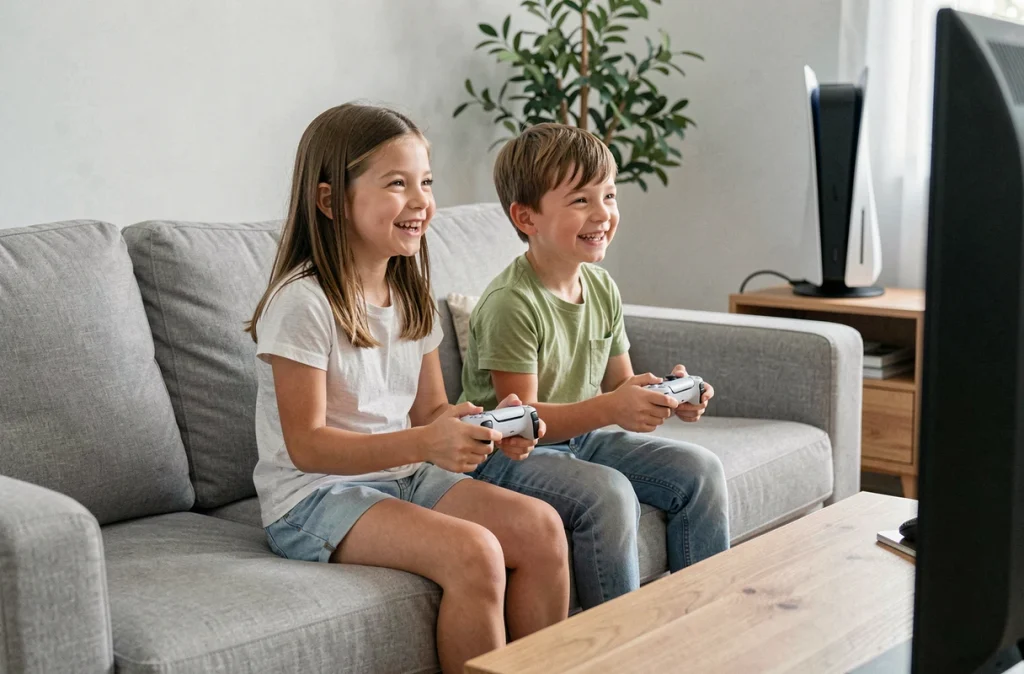 Deux enfants jouant ensemble sur PS5 dans un salon moderne, partageant une manette DualSense