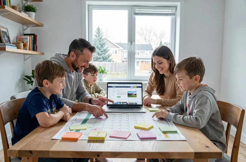 Famille réunie autour d'un calendrier scolaire pour organiser les congés et vacances 2026-2027