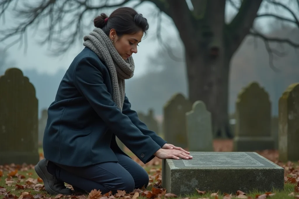 Femme en deuil agenouillée devant une pierre tombale dans un cimetière automnal, exprimant une connexion émotionnelle avec un proche disparu