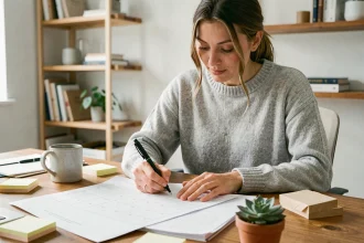 Femme marquant un calendrier 2026 avec semaines paires et impaires sur un bureau en bois dans un bureau à domicile moderne
