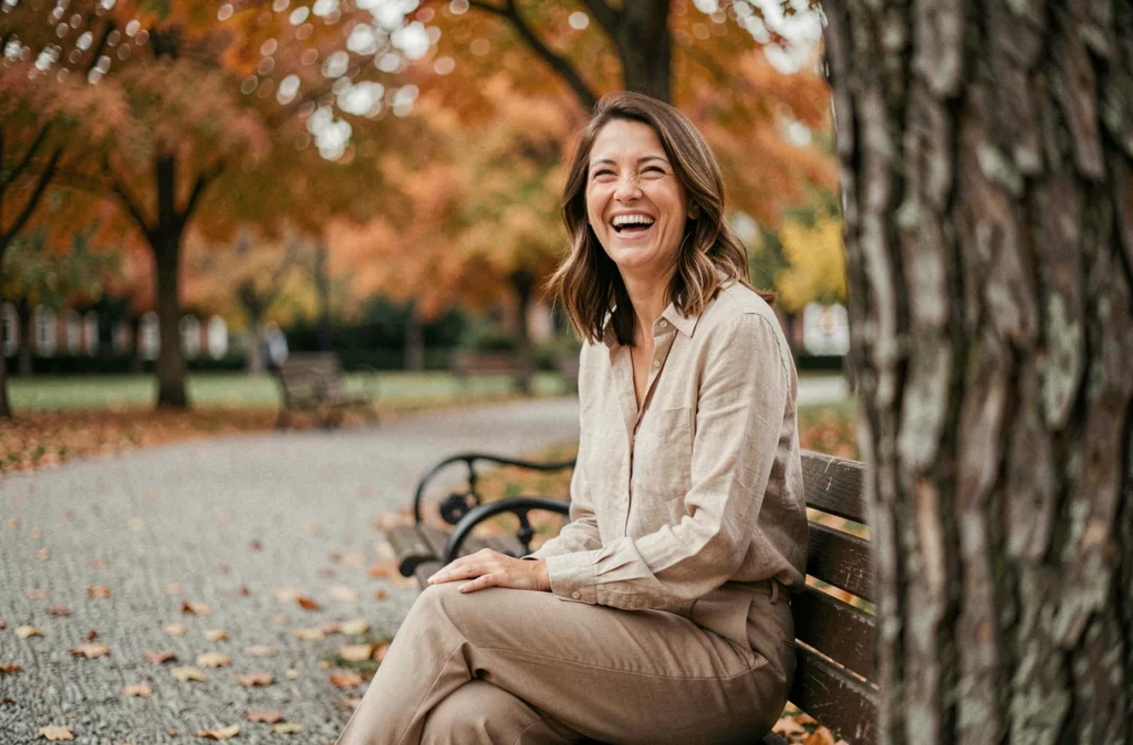 Femme élégante et souriante dans un parc en automne, symbolisant la discrétion et la vie personnelle loin des projecteurs