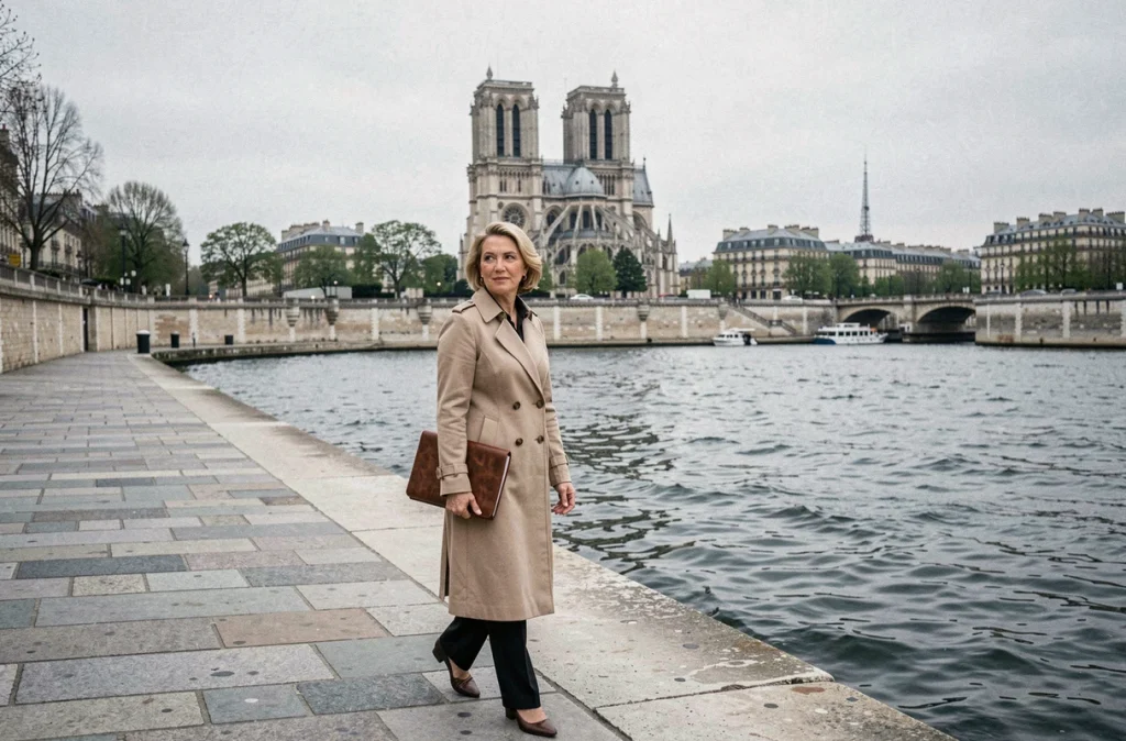 Femme élégante marchant seule sur les quais de la Seine à Paris, silhouette solitaire et digne évoquant discrétion et résilience personnelle