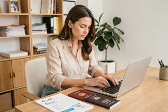 Femme remplissant un formulaire de changement d'adresse CAF sur son ordinateur portable avant un départ à l'étranger