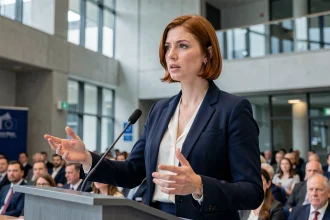 Femme politique jeune prenant la parole à une tribune lors d'un événement institutionnel européen