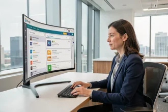 Femme professionnelle analysant les nouvelles fonctionnalités et mises à jour d'une application sur un écran moderne en 2026