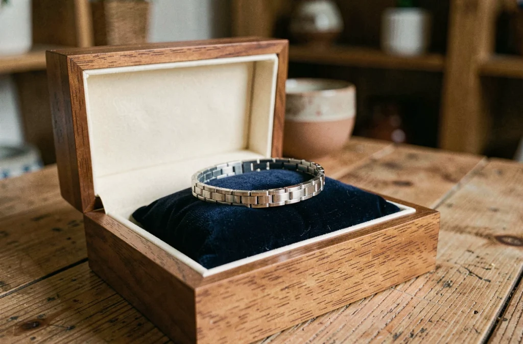 Gourmette enfant en argent présentée dans un écrin en bois ouvert sur table en chêne, idée cadeau bijou pour enfant