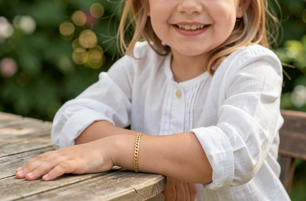 Petite fille portant une gourmette enfant en or jaune au poignet dans un jardin, bijou précieux pour enfant