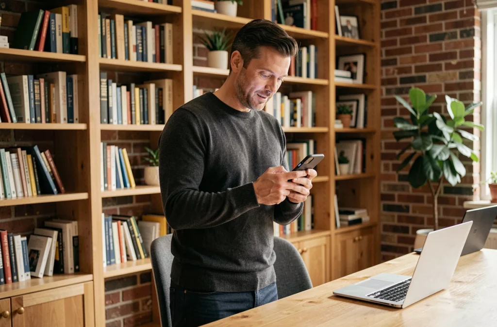Homme utilisant une application mise à jour sur smartphone dans un bureau à domicile moderne en 2026