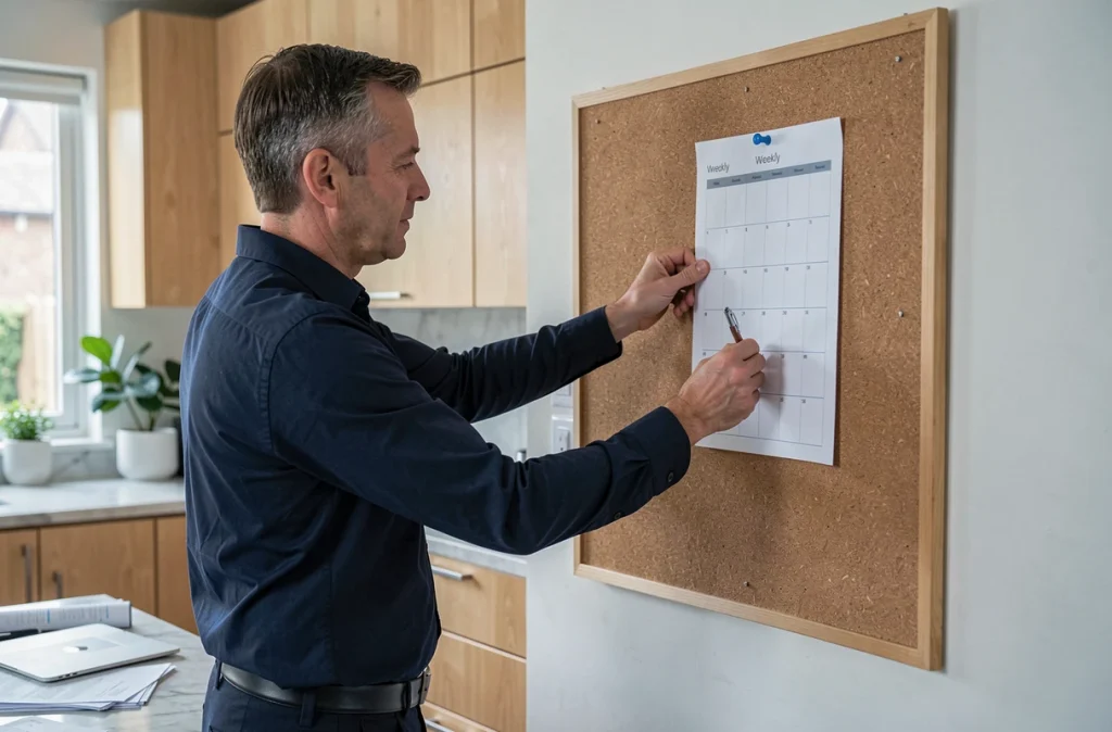 Homme accrochant un calendrier annuel 2026 avec numéros de semaines paires et impaires sur un tableau en liège dans une cuisine moderne