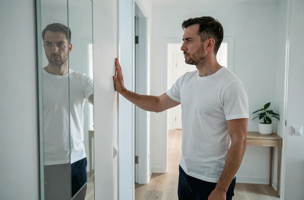 Homme face à un miroir dans un appartement moderne, reflet symbolisant le dilemme émotionnel d'aimer deux femmes à la fois