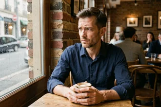 Homme pensif seul dans un café parisien, tenant une tasse de café, regard perdu dans ses pensées sur l'amour et les relations