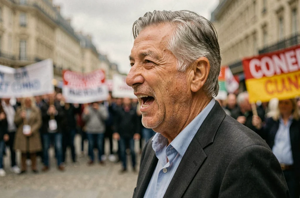 Homme politique âgé s'exprimant avec passion lors d'un rassemblement public en France