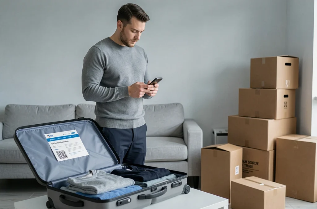 Homme consultant son smartphone pour les démarches CAF avant un déménagement à l'étranger, valise ouverte et cartons visibles