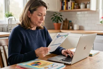 Mère de famille consultant la liste scolaire en ligne sur son ordinateur portable à la cuisine pour sécuriser ses achats scolaires