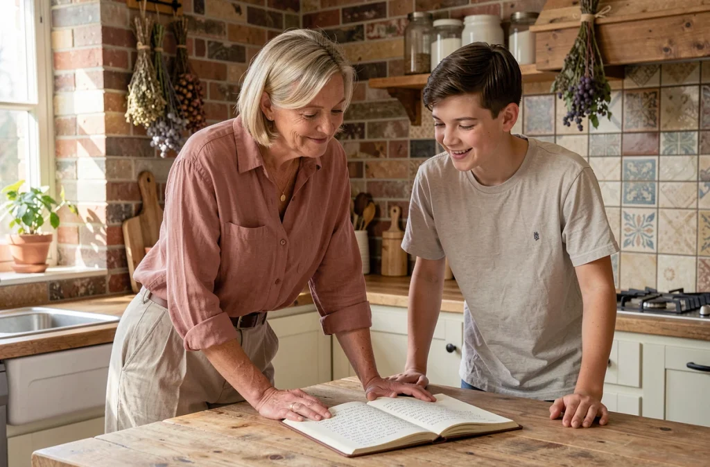 Mère et fils adolescent partageant un poème écrit à la main dans une cuisine familiale moderne