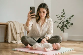 Jeune mère mettant en scène une photo de bébé pour les réseaux sociaux dans un salon minimaliste