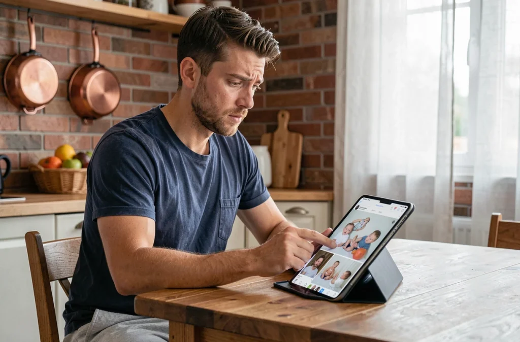 Parent inquiet regardant des photos de bébés en pose sur les réseaux sociaux depuis une tablette