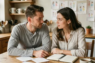 Couple de parents discutant ensemble d'une stratégie éducative autour d'une table en bois dans une cuisine familiale chaleureuse