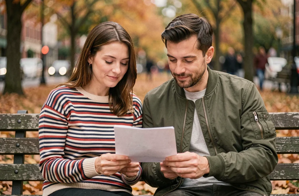 Couple de parents lisant un poème ensemble sur un banc de parc en automne
