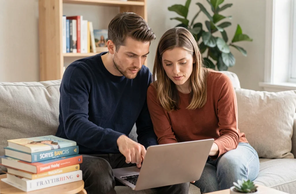 Deux parents consultant ensemble des ressources éducatives sur un ordinateur portable depuis leur coin bureau à domicile