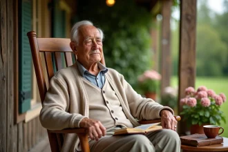 Grand-père âgé assis paisiblement dans un rocking-chair sur une véranda en bois, évoquant le souvenir et la nostalgie