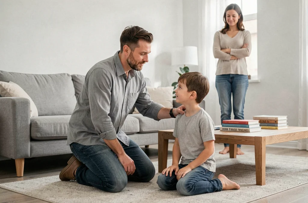 Père expliquant calmement une règle à son jeune enfant sous le regard bienveillant de la mère dans un salon familial apaisé