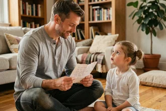 Père lisant un poème moderne à sa fille dans un salon chaleureux et familial