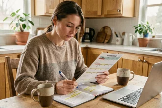 Femme planifiant ses congés avec un calendrier scolaire 2026-2027 posé sur une table en bois