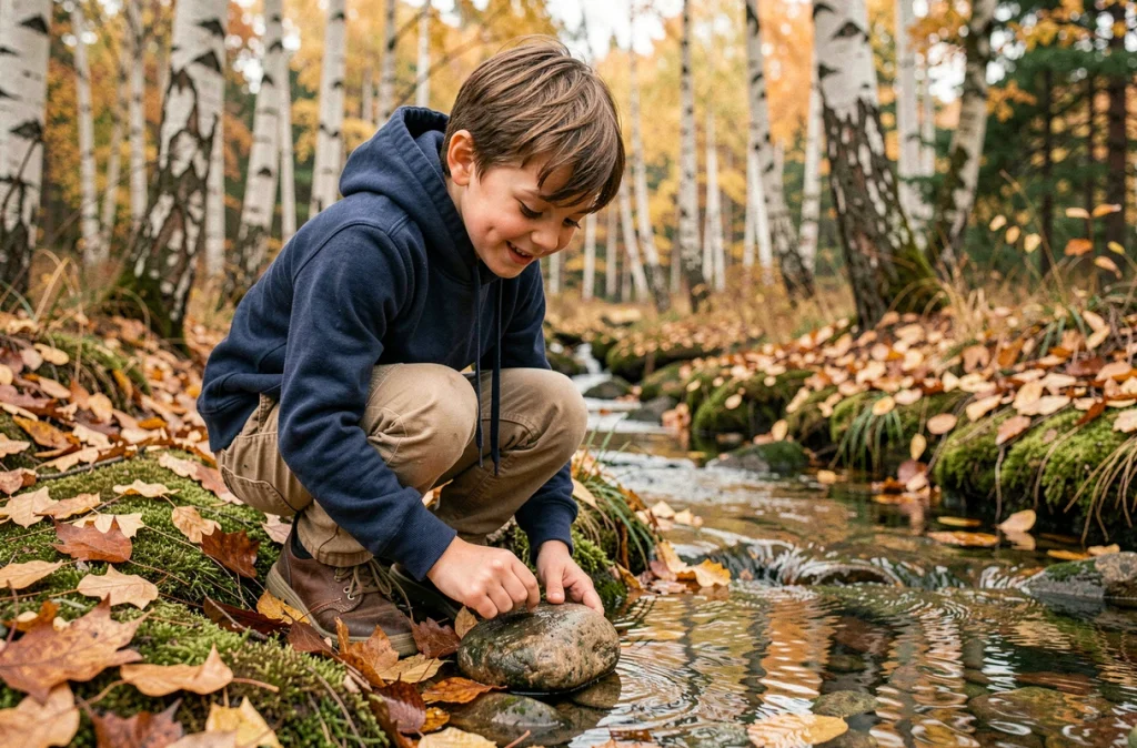 Garçon prénommé Evan explorant un ruisseau en forêt d'automne avec curiosité et émerveillement