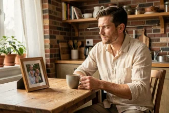 Homme dans la trentaine assis à une table en bois, contemplant une photo de famille, ambiance domestique chaleureuse évoquant les projets de vie personnels