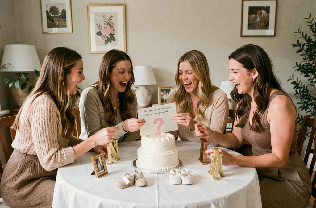 Groupe de femmes réagissant à l'annonce de la marraine lors d'un gender reveal en intérieur