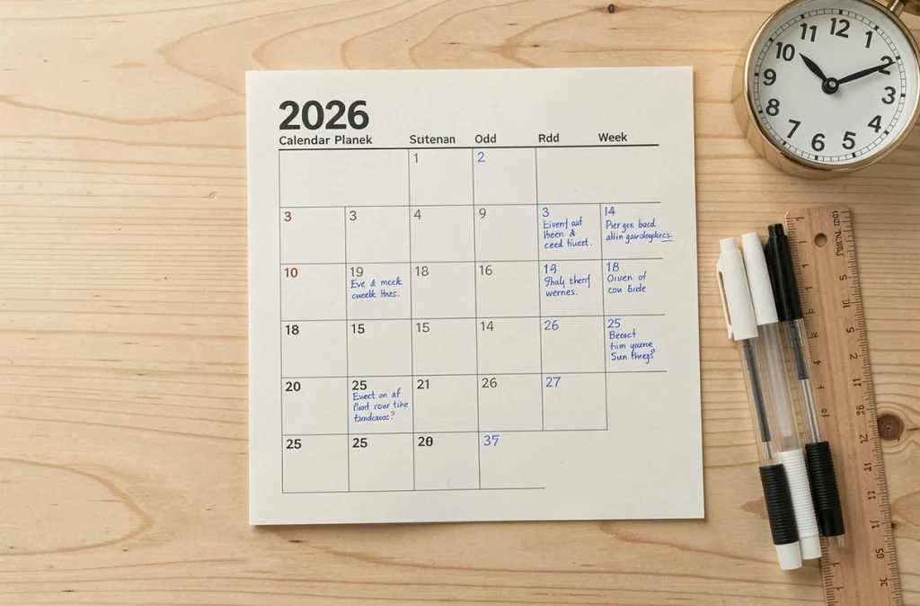 Vue aérienne d'un calendrier 2026 imprimé avec semaines paires et impaires annotées à la main sur une table en bois clair avec stylos et règle