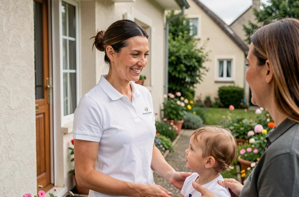 Représentante d'A Domicile.Net, service de garde à Seysses, accueillant une famille à l'entrée d'un domicile propre et accueillant