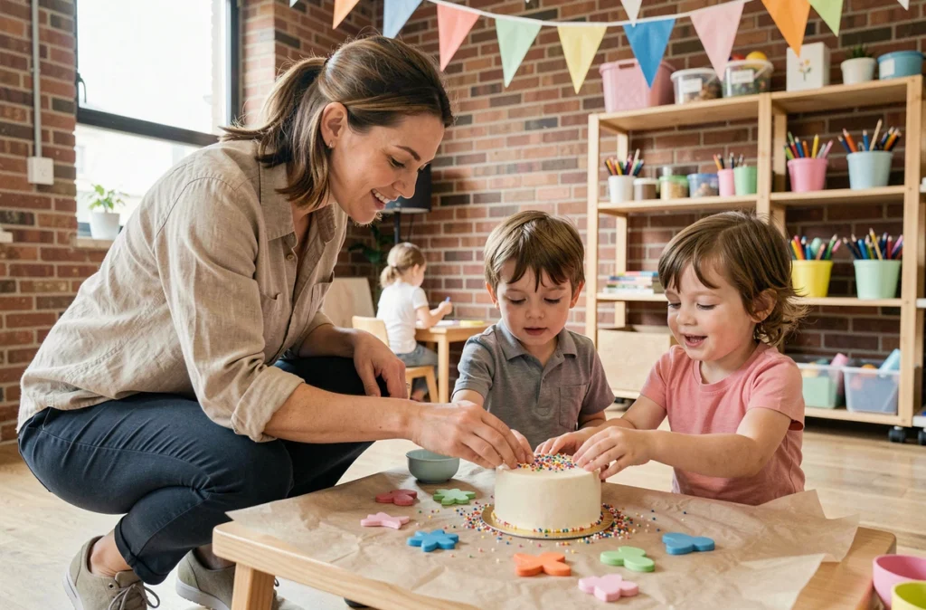 Animatrice aidant des enfants à décorer un gâteau lors d'un atelier anniversaire dans un espace festif à Lille